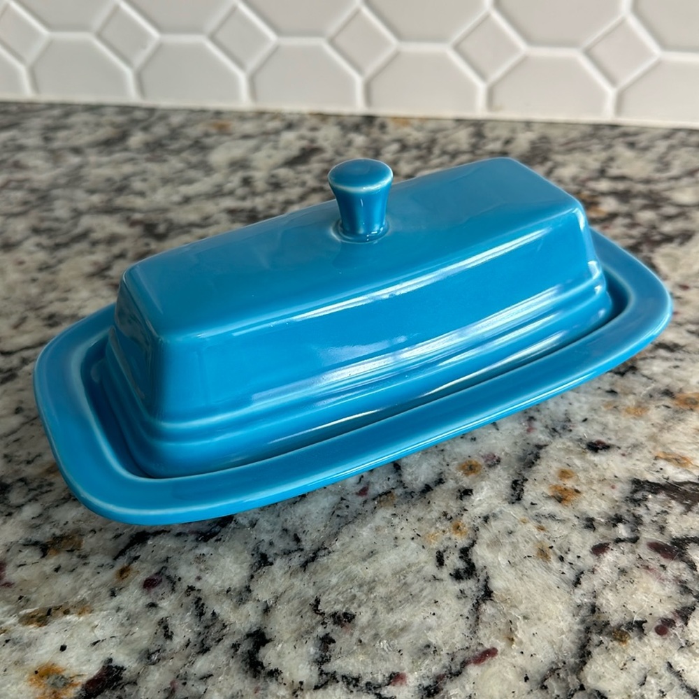 Fiesta covered butter dish in peacock